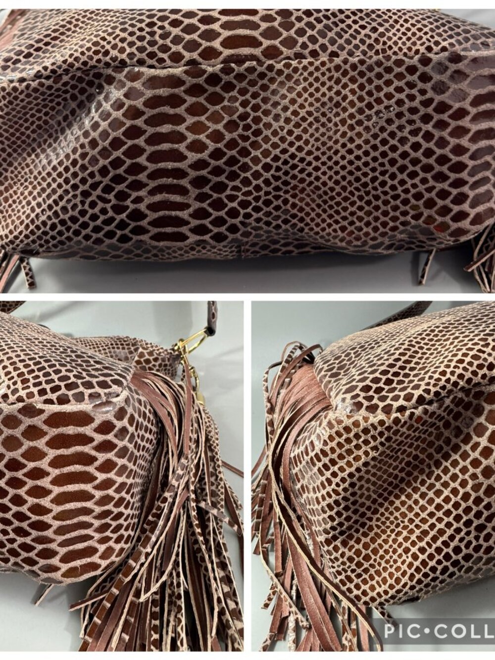 NWOT G.I.L.I Sienna Cobra Brown Leather Stirrup Fringe Hobo Bag - Picture 15 of 15